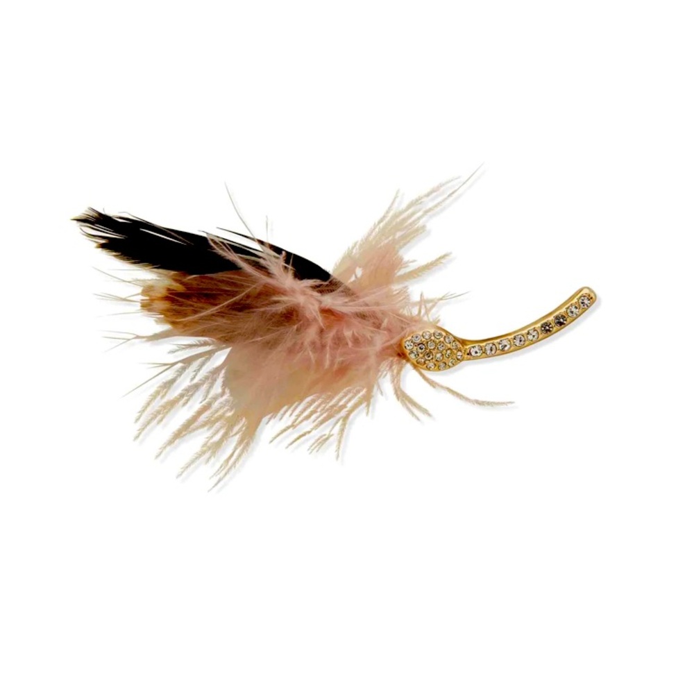 Feather and Crystal Brooch - real feathers, soft pink brown and black, pin, new